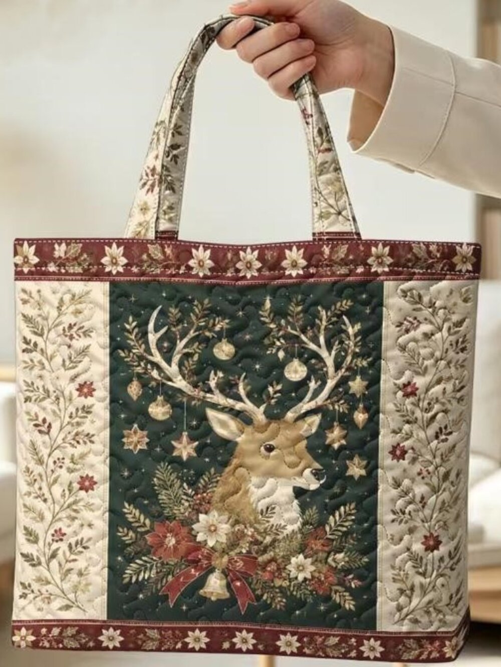 QUILTED WINTER DEER TOTE